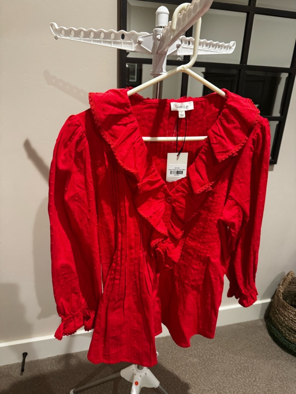Camellia Red Ruffle-Front Pintuck Blouse